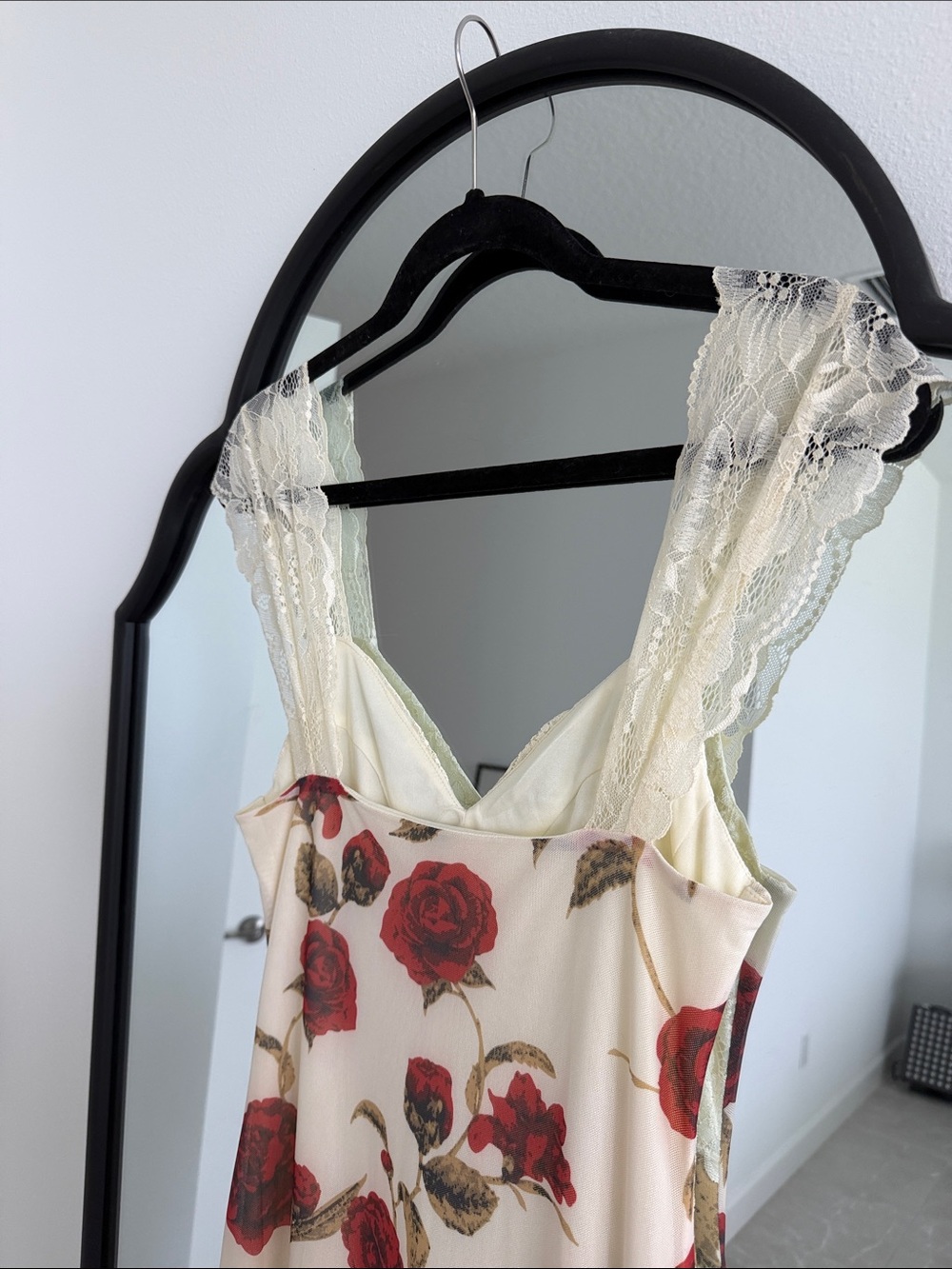 12th Tribe Cream Slip Dress with Red Rose Print and Lace - Picture 6 of 10